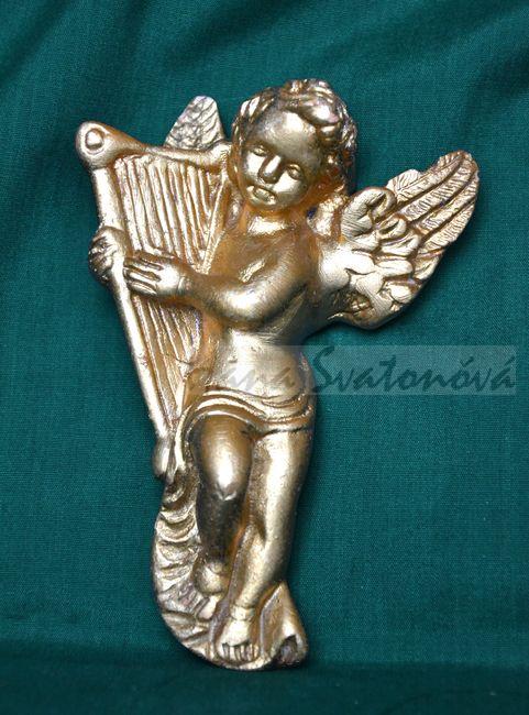 Relief Anděl zlatý s harfou - vel. 13,5cm