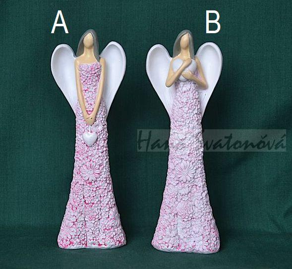 Anděl v kvítečkových šatech se srdcem na šňůrce - výška 20cm