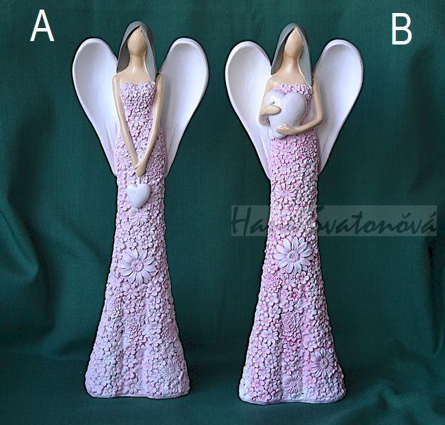 Anděl v kvítečkových šatech se srdcem na šňůrce- výška 25cm