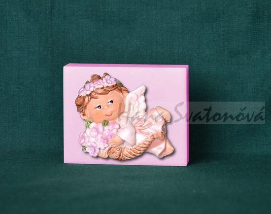 Andělíček letící s kytičkou - obdélník mini 6x4,8cm