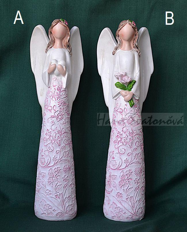 Anděl s květinou ve vlasech a srdcem - výška 23cm