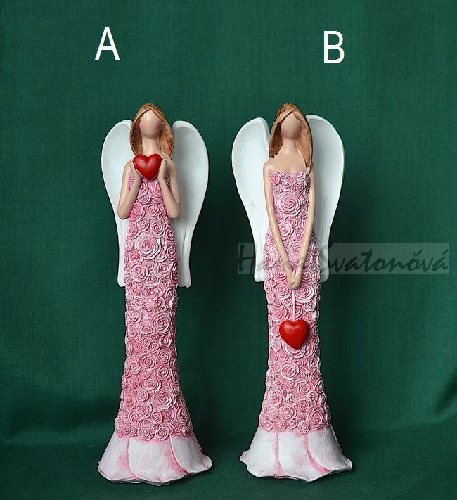 Anděl květ 2 se srdcem na šňůrce - výška 15cm