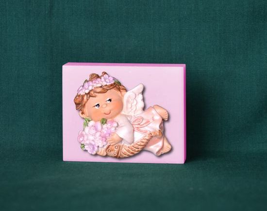 Andělíček letící s kytičkou - obdélník mini 6x4,8cm